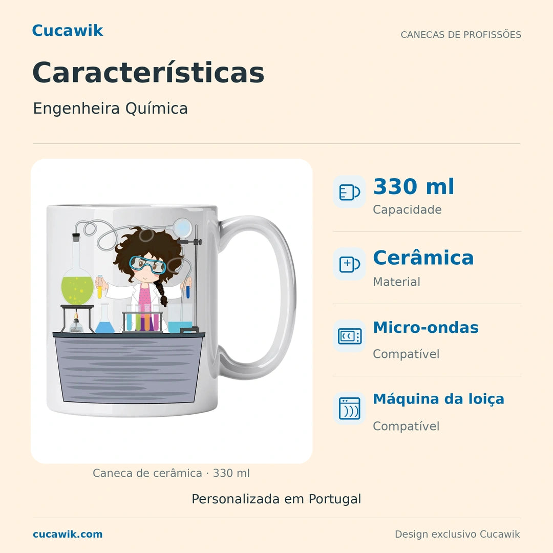Caneca de Cerâmica Engenheira Química — Características | Cucawik