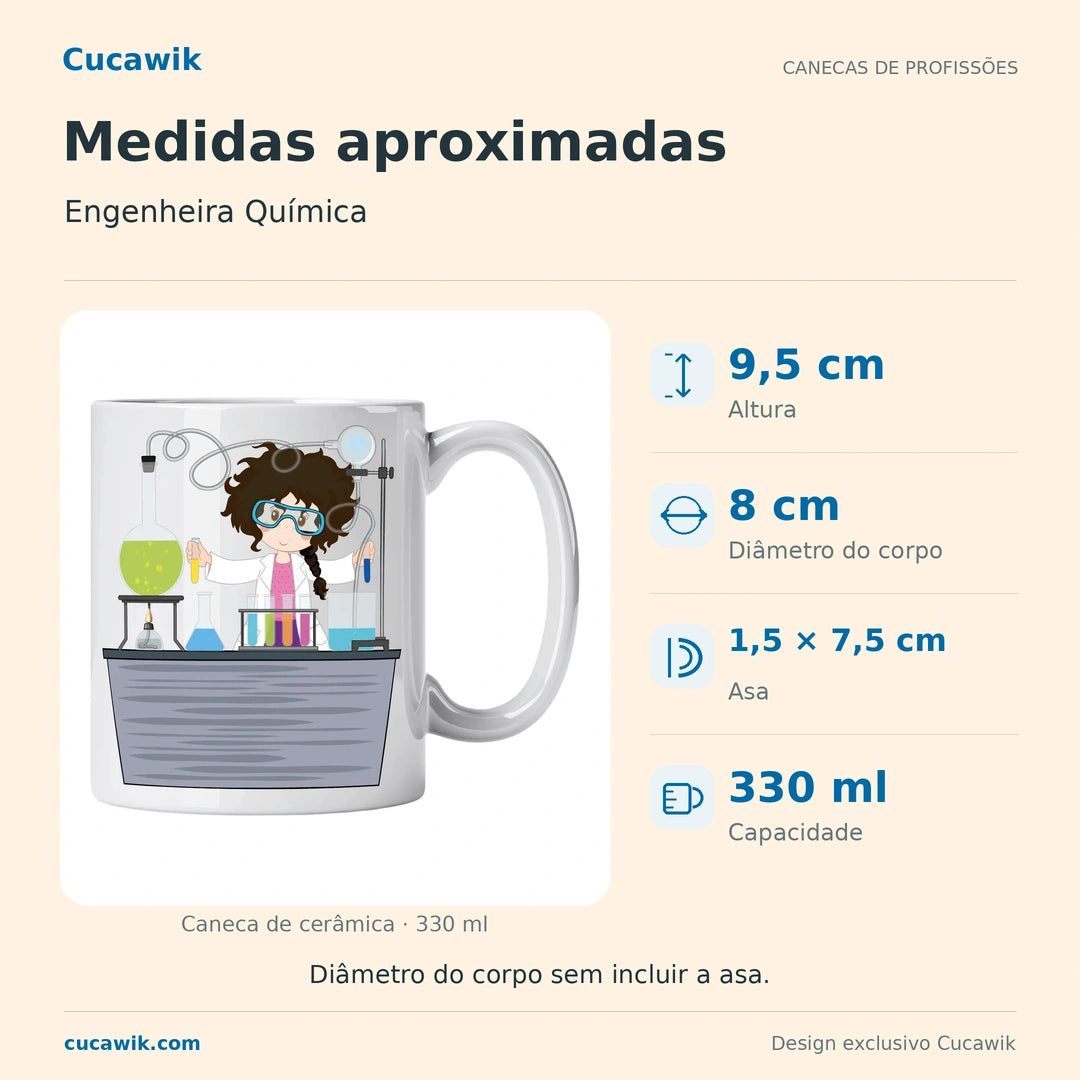 Caneca de Cerâmica Engenheira Química — Medidas aproximadas | Cucawik