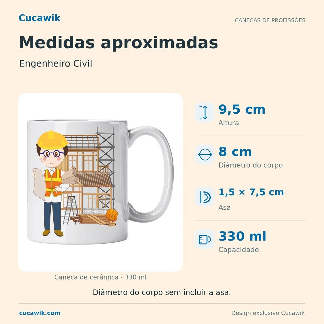 Caneca de Cerâmica Engenheiro Civil — Medidas aproximadas | Cucawik