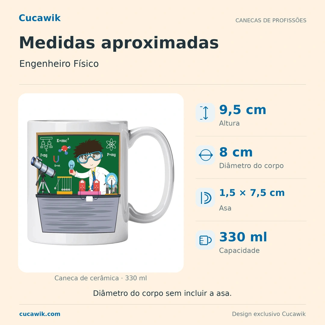 Caneca de Cerâmica Engenheiro Físico — Medidas aproximadas | Cucawik