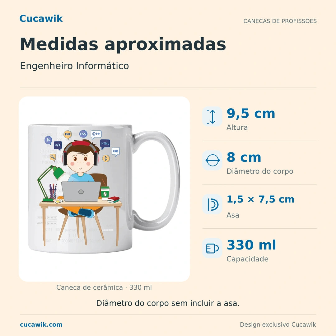 Caneca de Cerâmica Engenheiro Informático — Medidas aproximadas | Cucawik