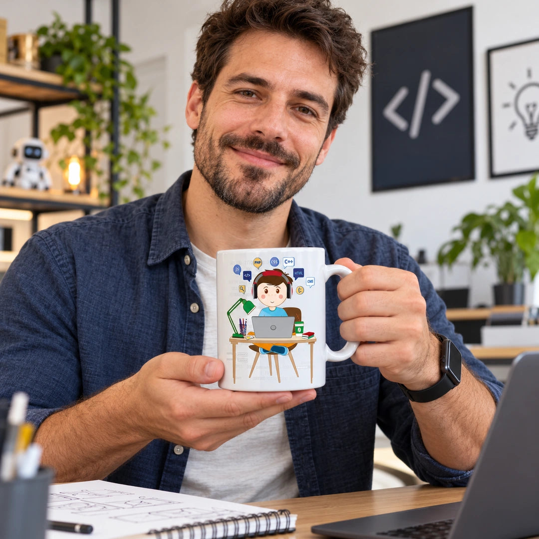 Caneca de Cerâmica Engenheiro Informático em utilização | Cucawik