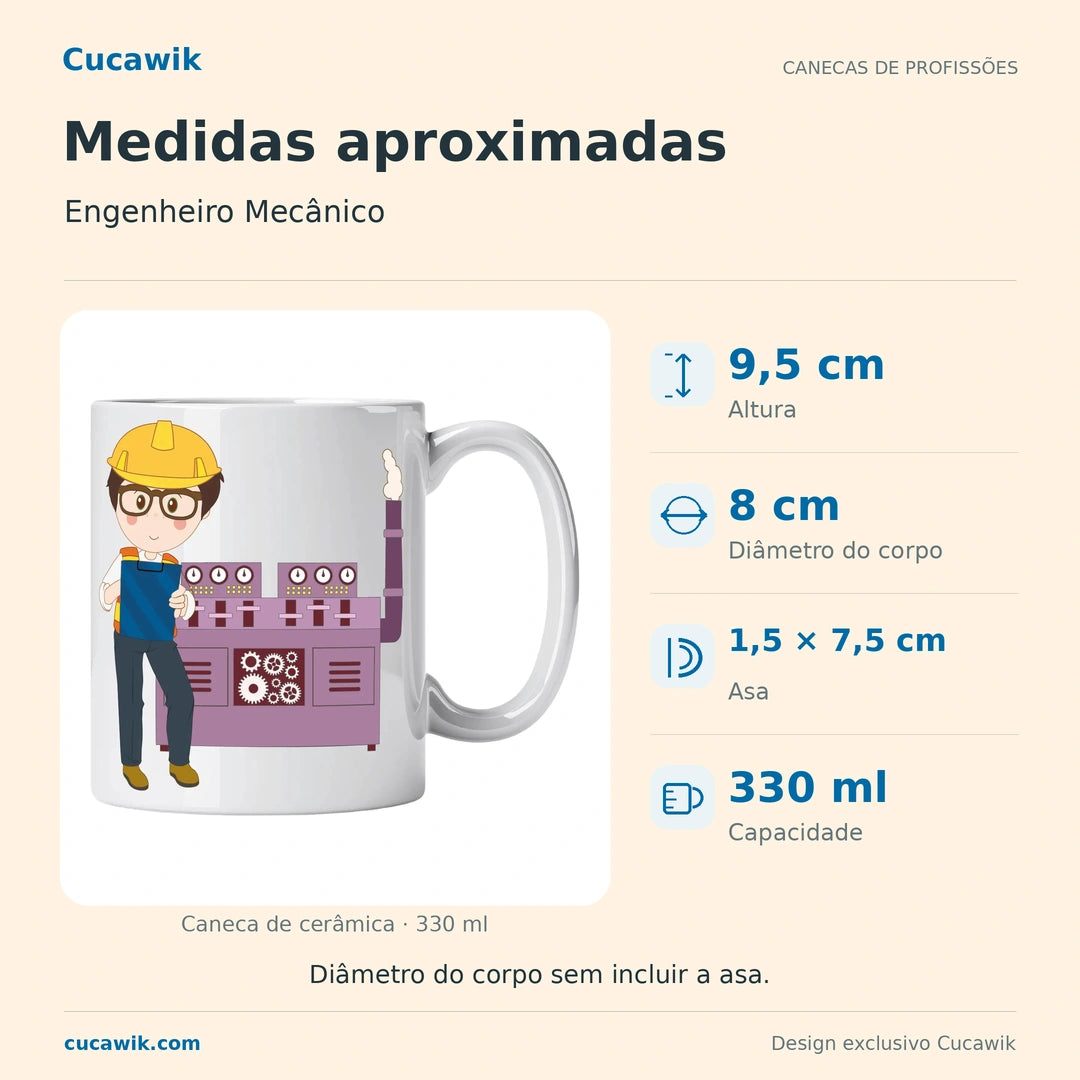 Caneca de Cerâmica Engenheiro Mecânico — Medidas aproximadas | Cucawik