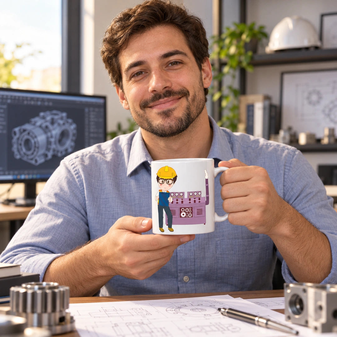 Caneca de Cerâmica Engenheiro Mecânico em utilização | Cucawik