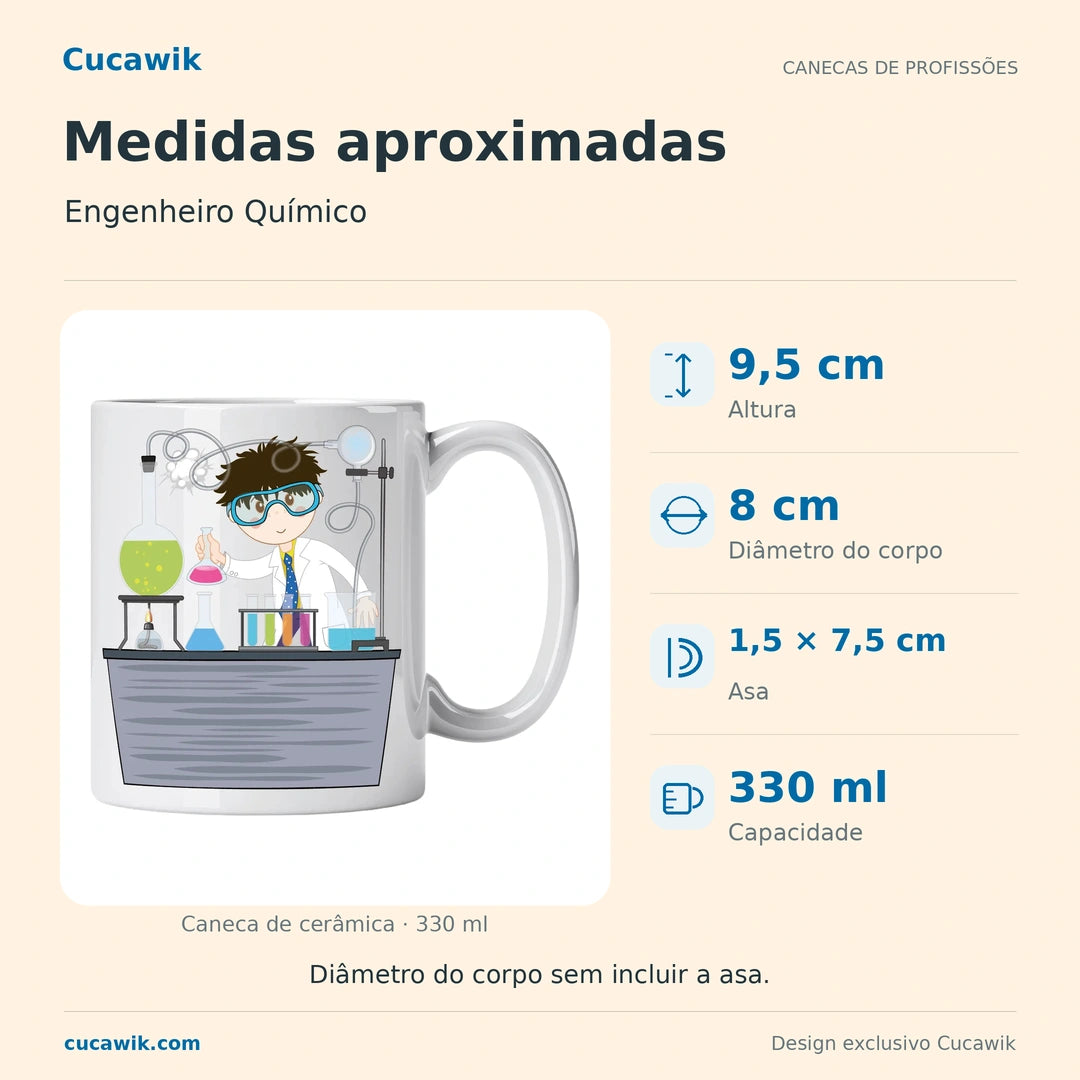 Caneca de Cerâmica Engenheiro Químico — Medidas aproximadas | Cucawik