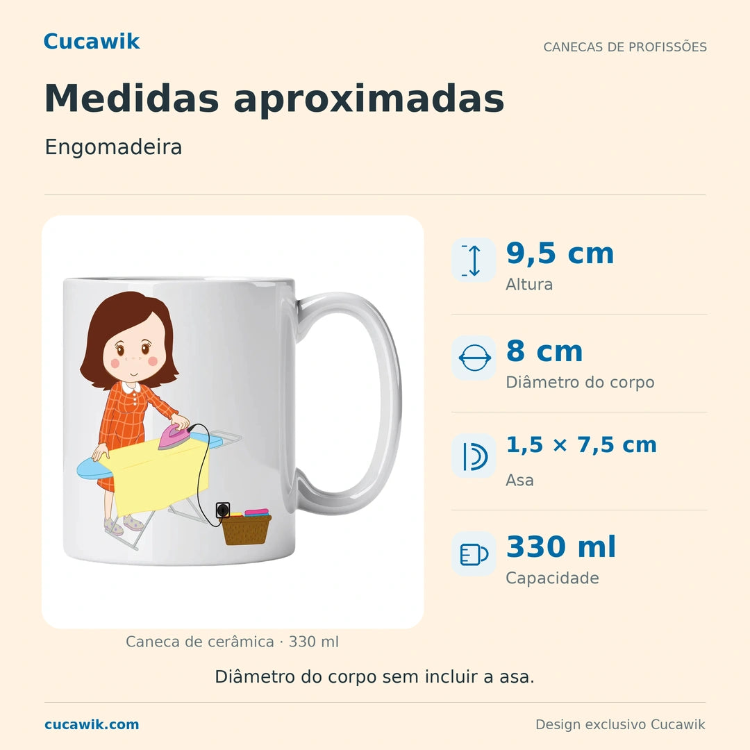 Caneca de Cerâmica Engomadeira — Medidas aproximadas | Cucawik
