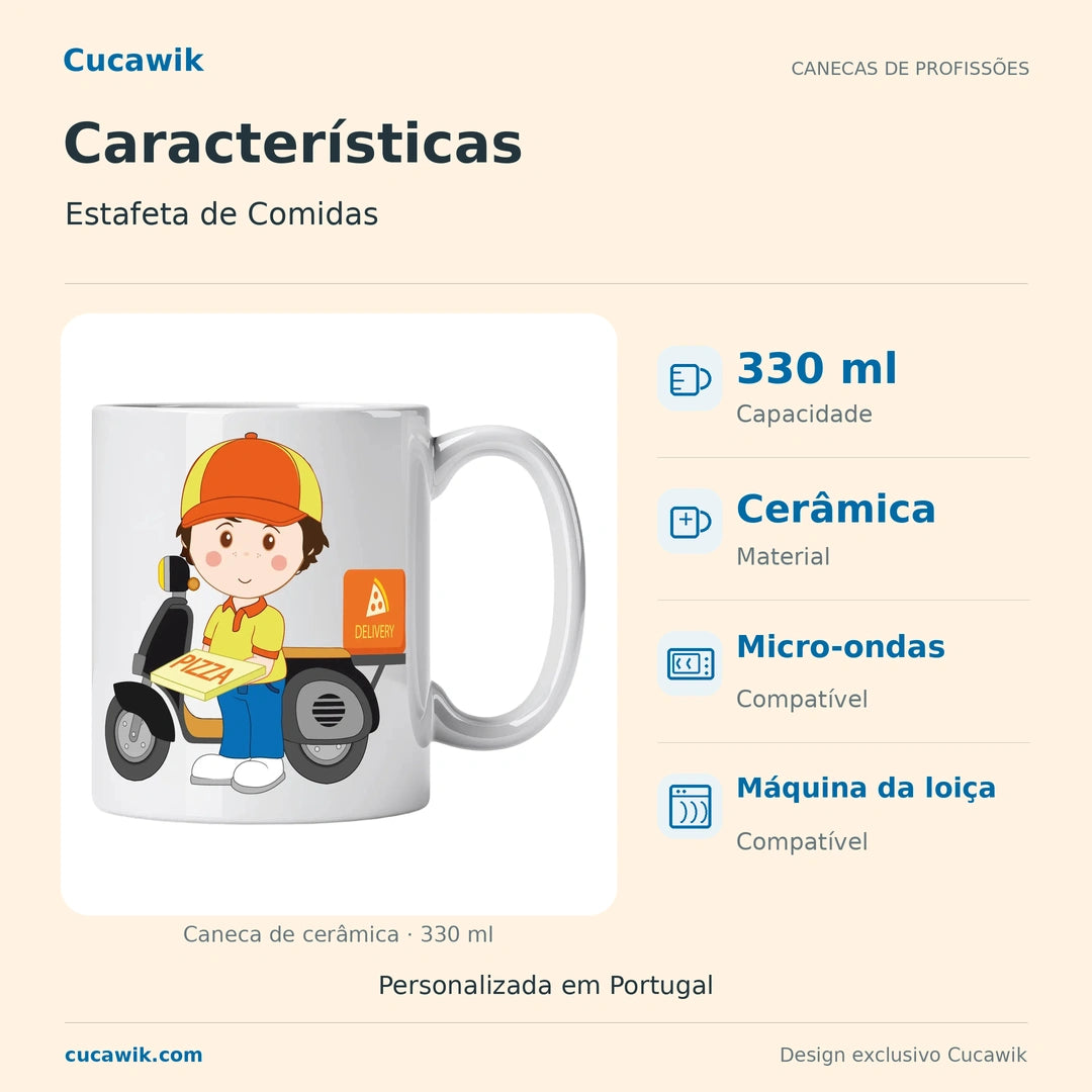 Caneca de Cerâmica Estafeta de Comidas — Características | Cucawik