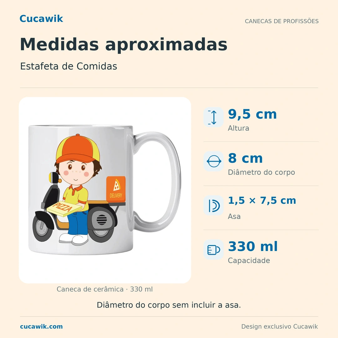 Caneca de Cerâmica Estafeta de Comidas — Medidas aproximadas | Cucawik
