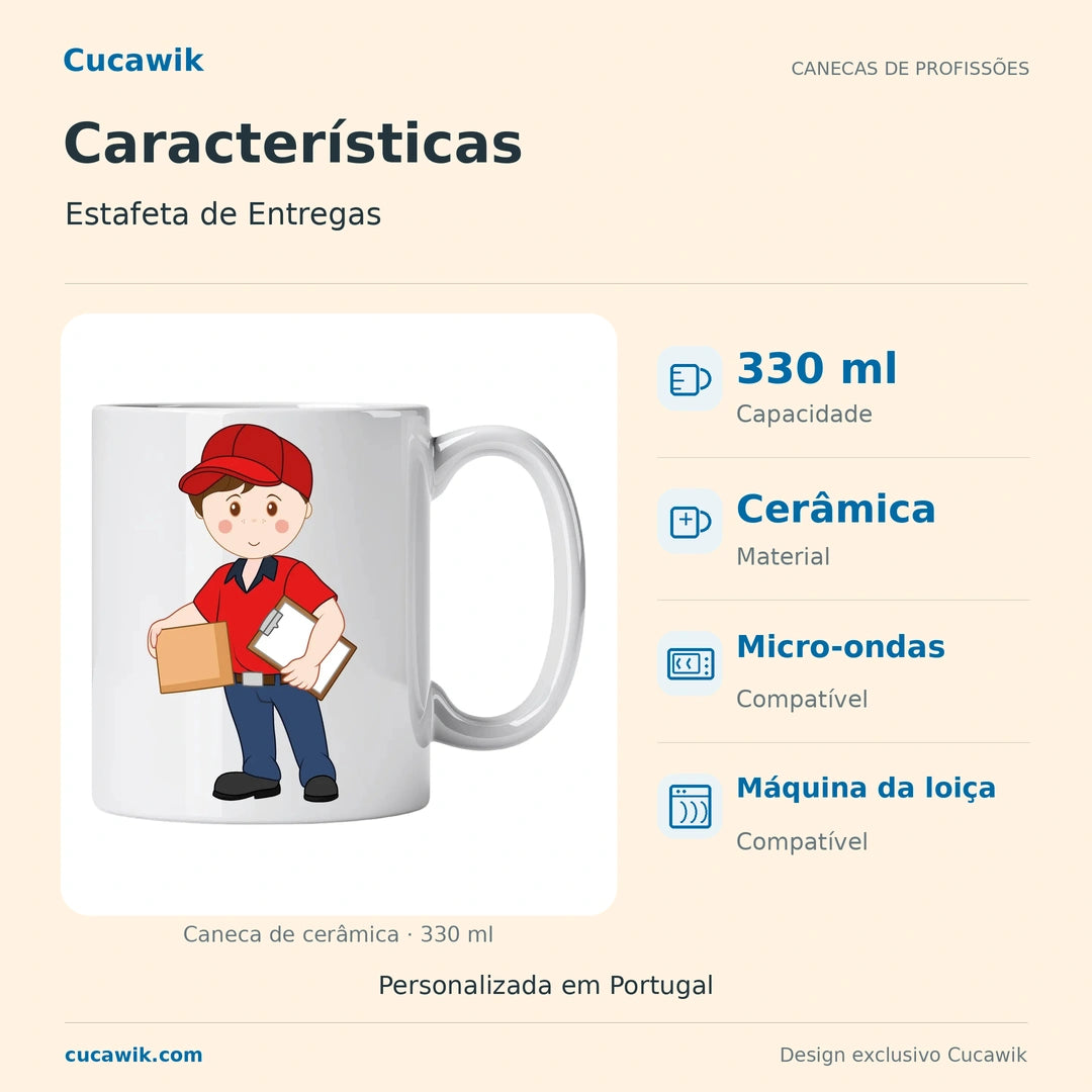 Caneca de Cerâmica Estafeta de Entregas — Características | Cucawik