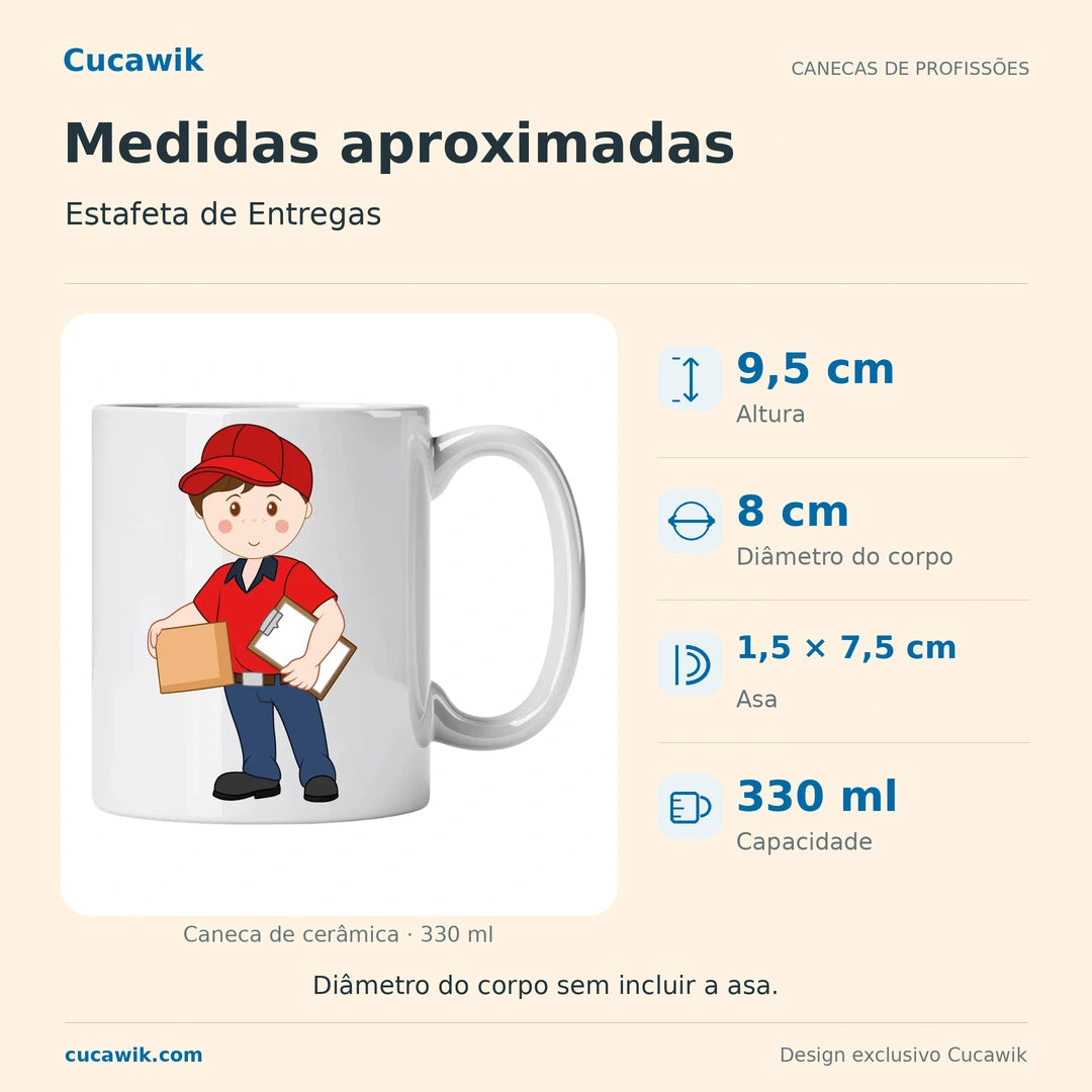 Caneca de Cerâmica Estafeta de Entregas — Medidas aproximadas | Cucawik