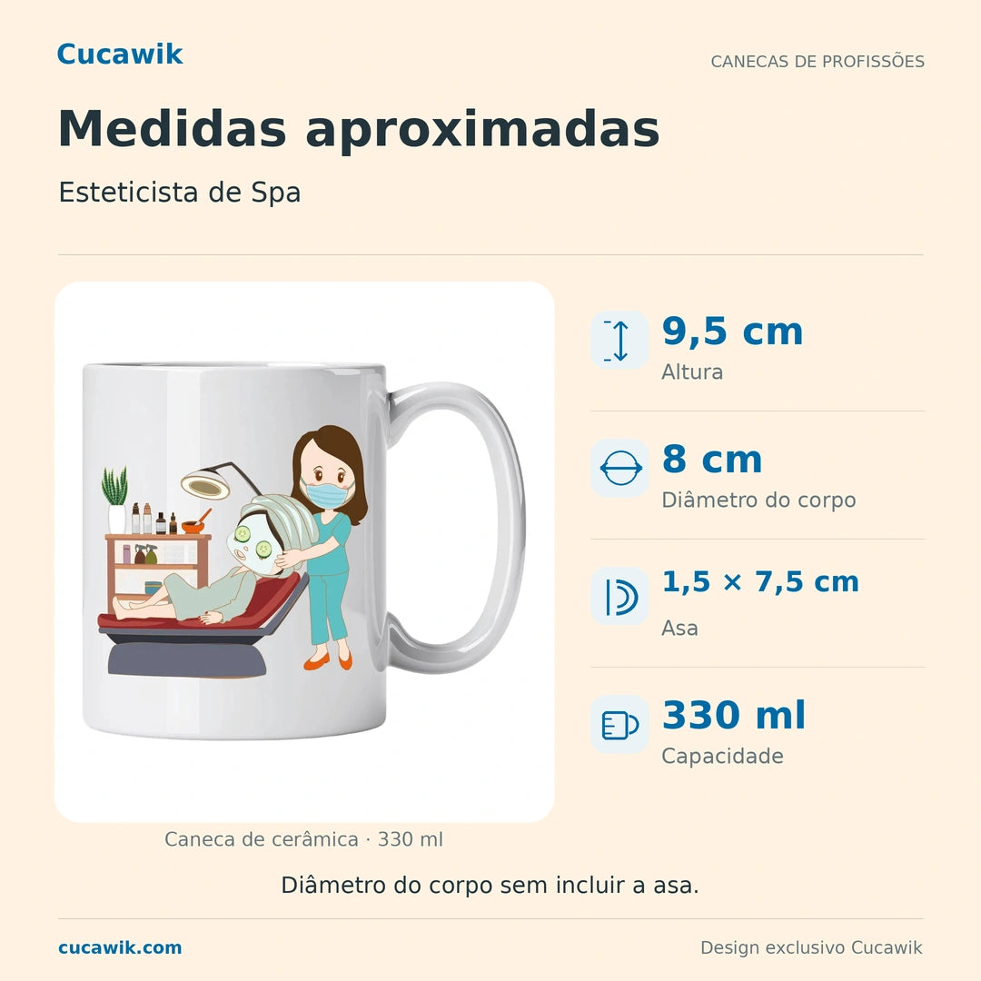 Caneca de Cerâmica Esteticista de Spa — Medidas aproximadas | Cucawik