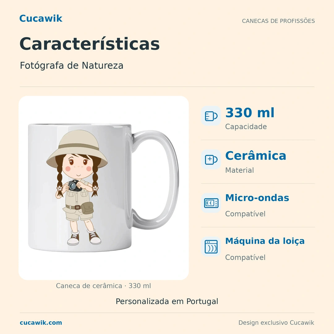 Caneca de Cerâmica Fotógrafa de Natureza — Características | Cucawik