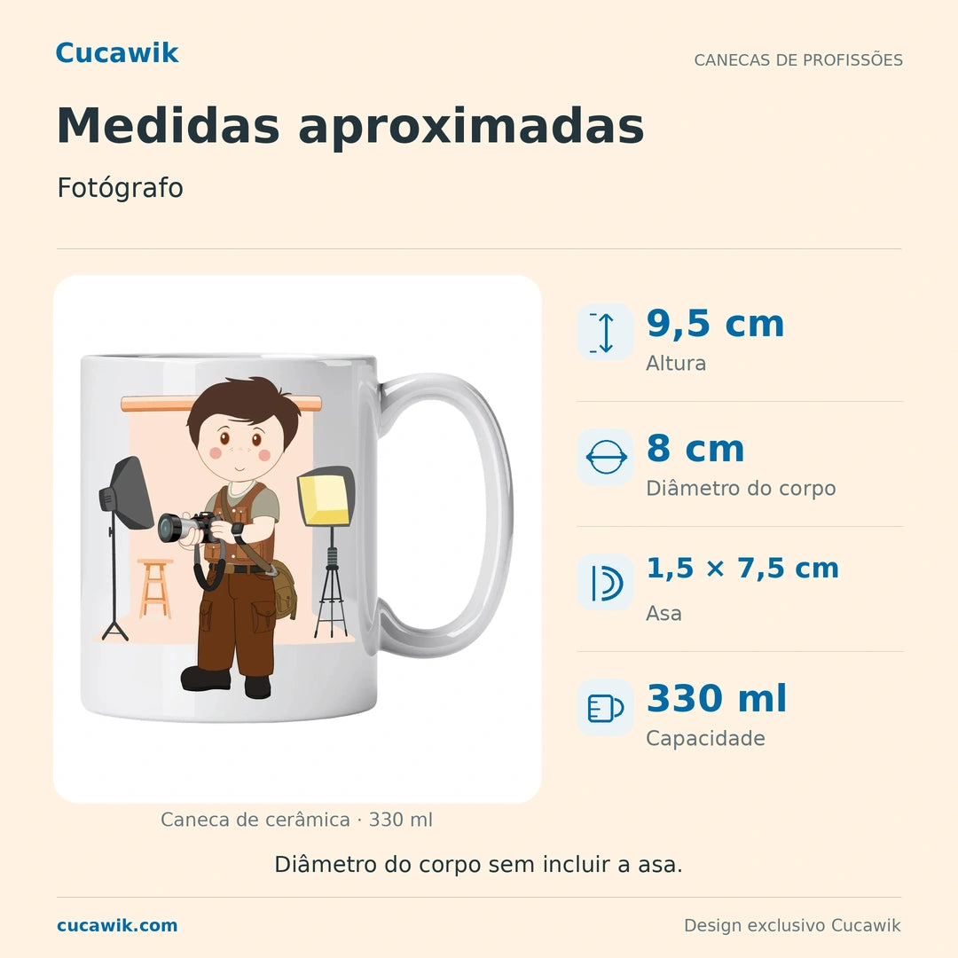 Caneca de Cerâmica Fotógrafo — Medidas aproximadas | Cucawik