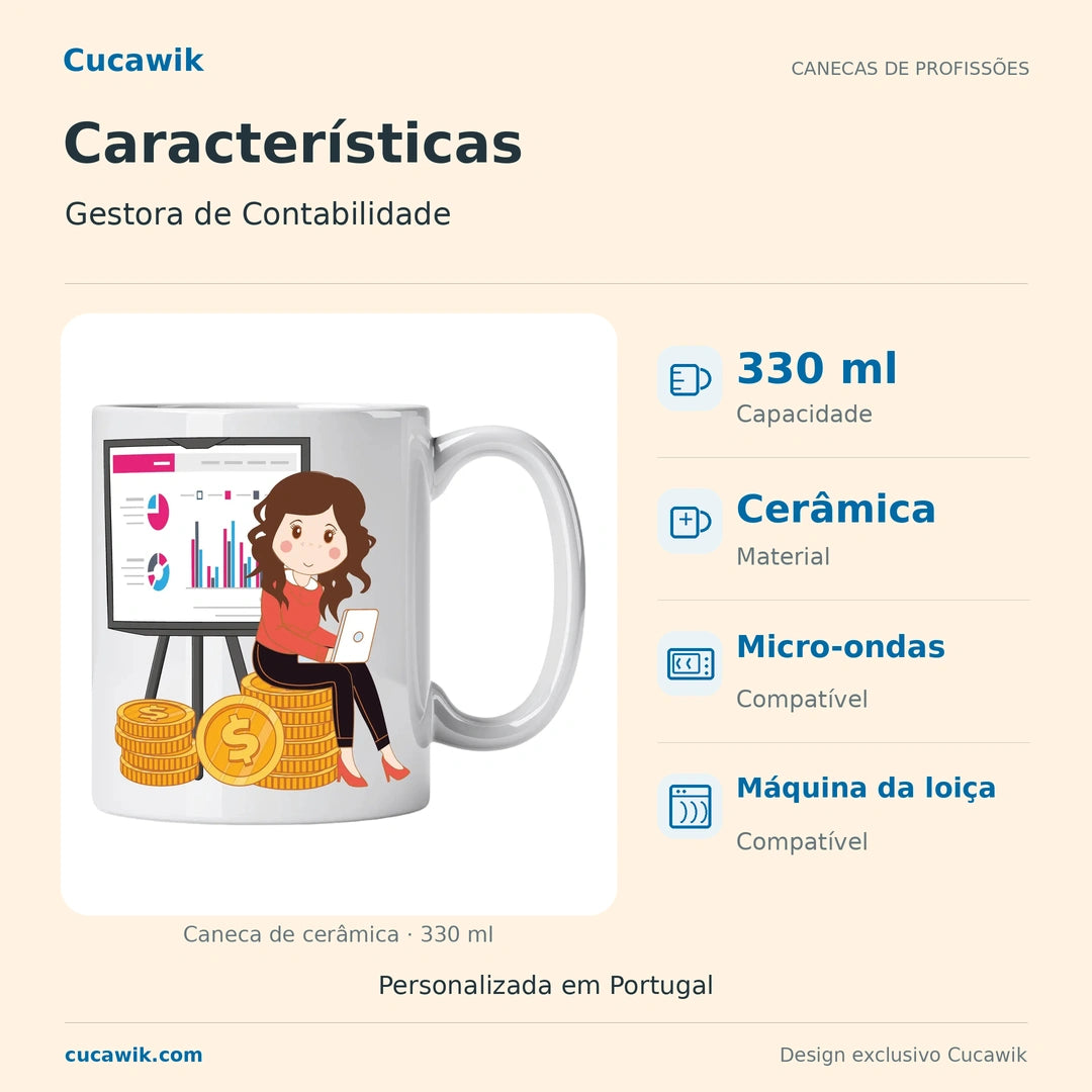 Caneca de Cerâmica Gestora de Contabilidade — Características | Cucawik
