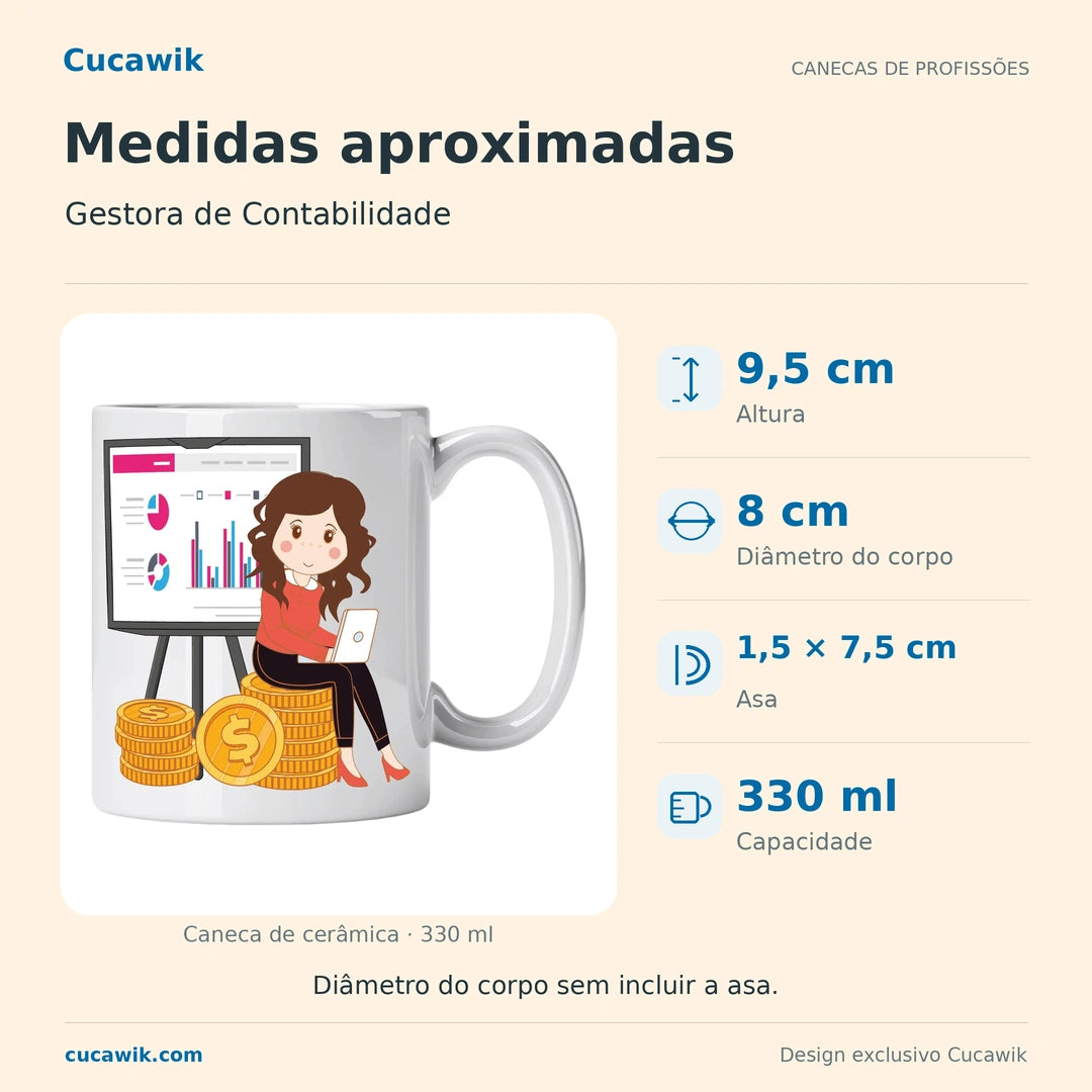 Caneca de Cerâmica Gestora de Contabilidade — Medidas aproximadas | Cucawik