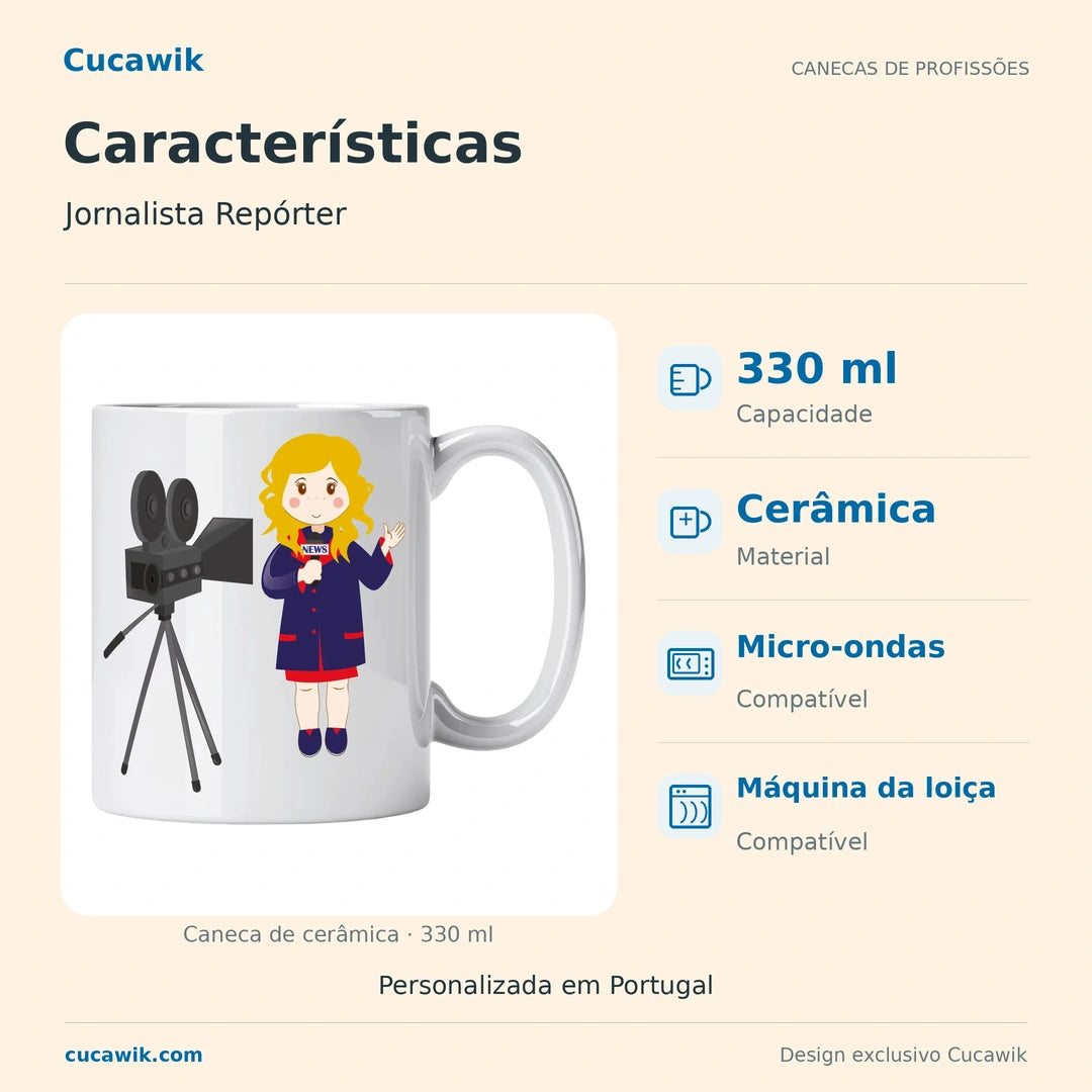 Caneca de Cerâmica Jornalista Repórter — Características | Cucawik