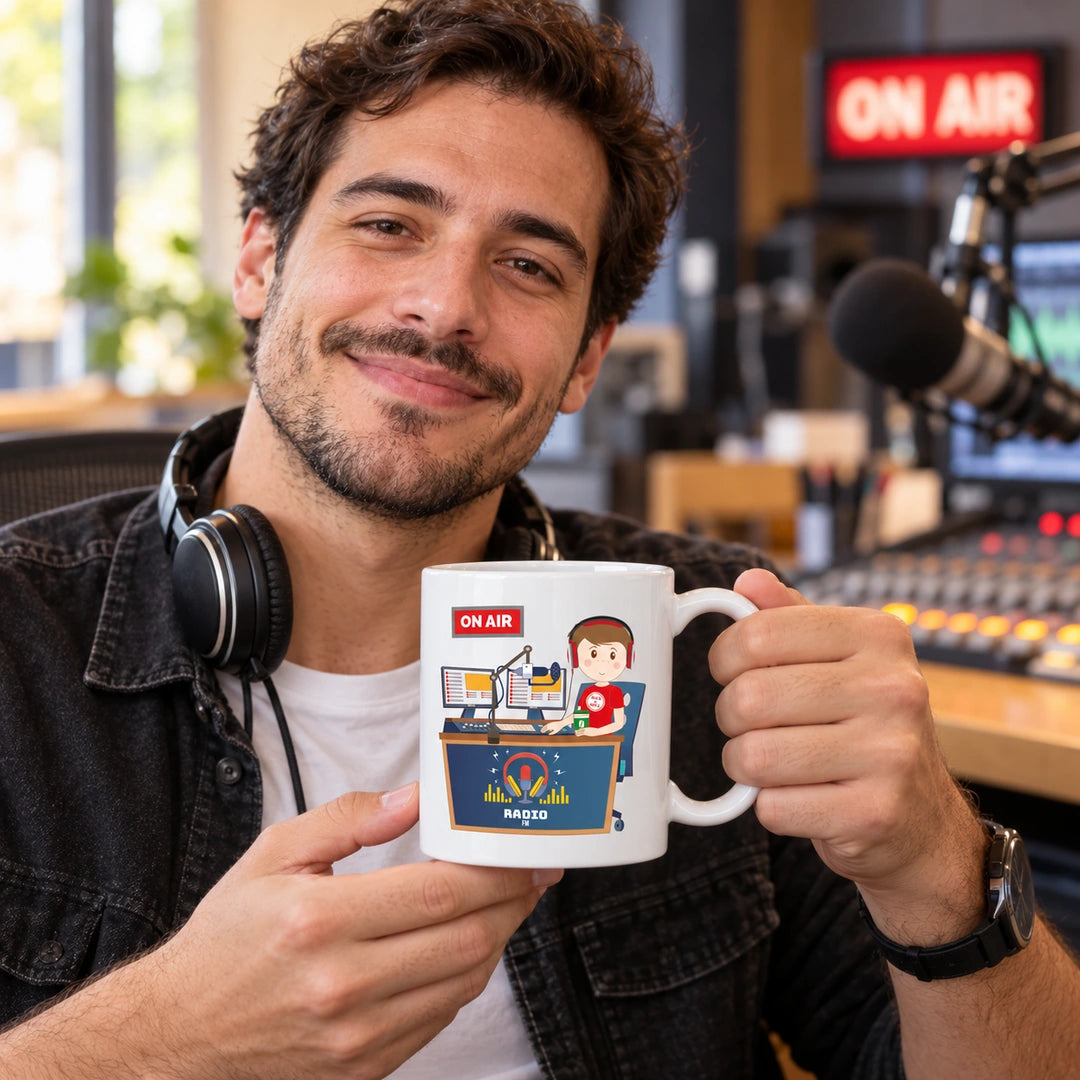 Caneca de Cerâmica Locutor de Rádio em utilização | Cucawik