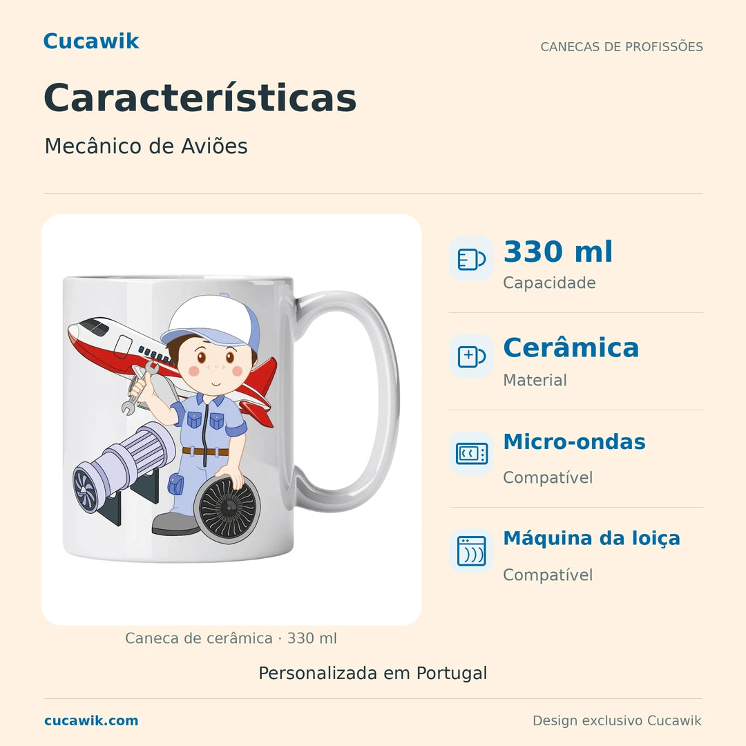 Caneca de Cerâmica Mecânico de Aviões — Características | Cucawik