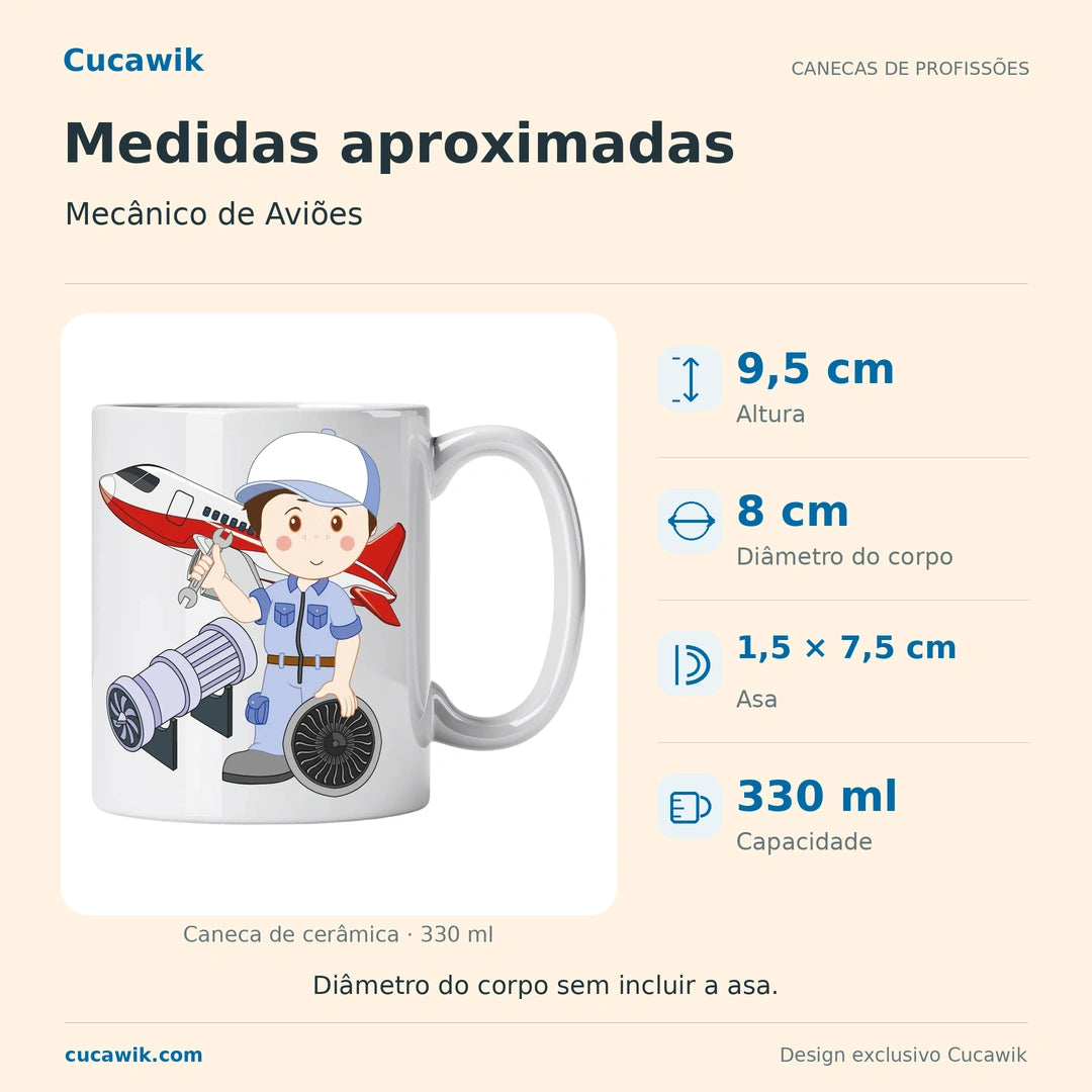 Caneca de Cerâmica Mecânico de Aviões — Medidas aproximadas | Cucawik
