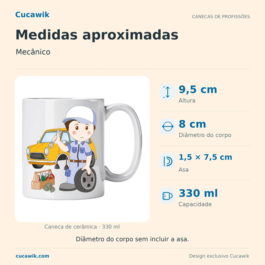 Caneca de Cerâmica Mecânico — Medidas aproximadas | Cucawik