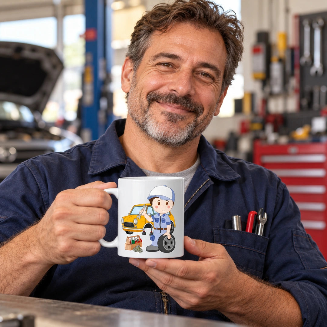 Caneca de Cerâmica Mecânico em utilização | Cucawik