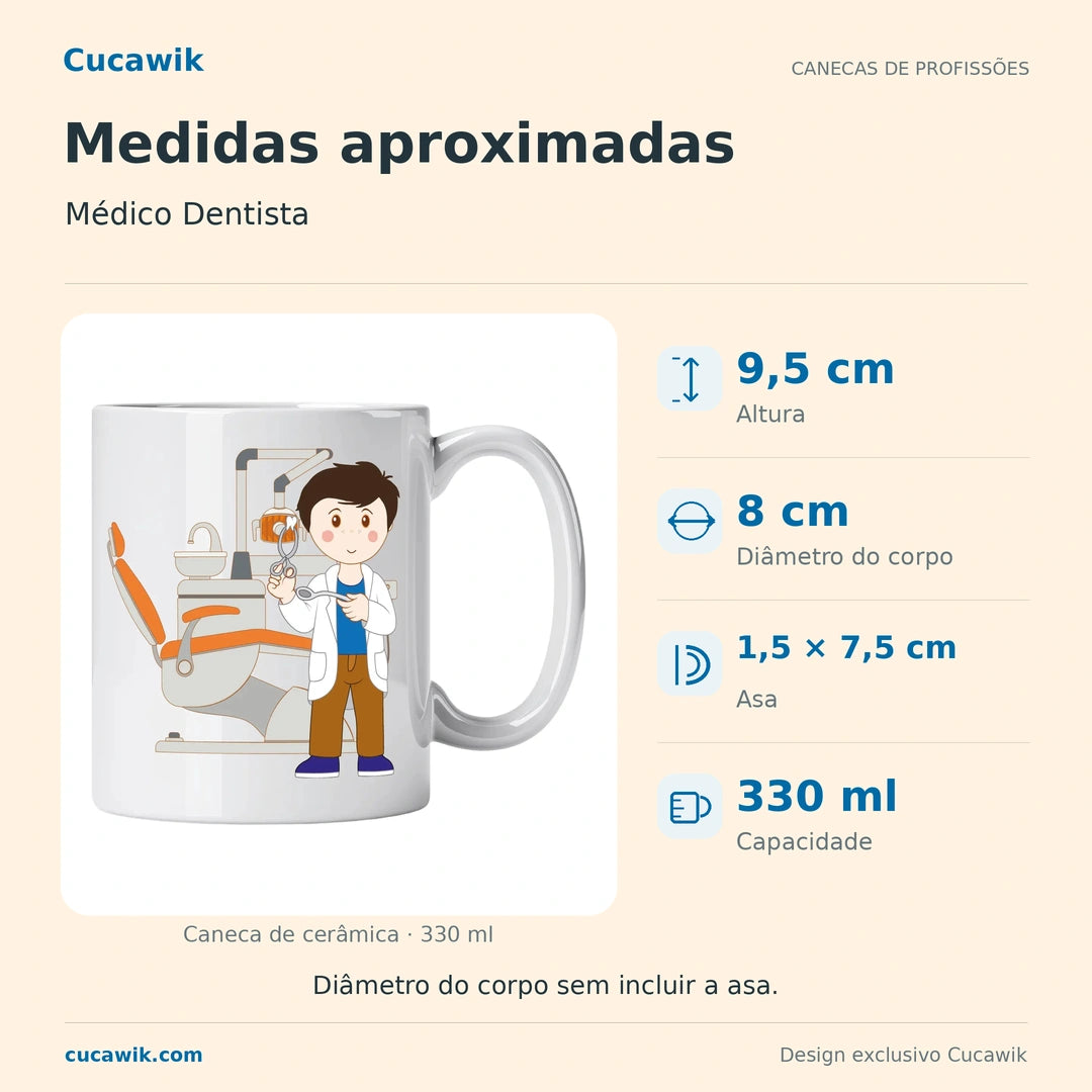 Caneca de Cerâmica Médico Dentista — Medidas aproximadas | Cucawik
