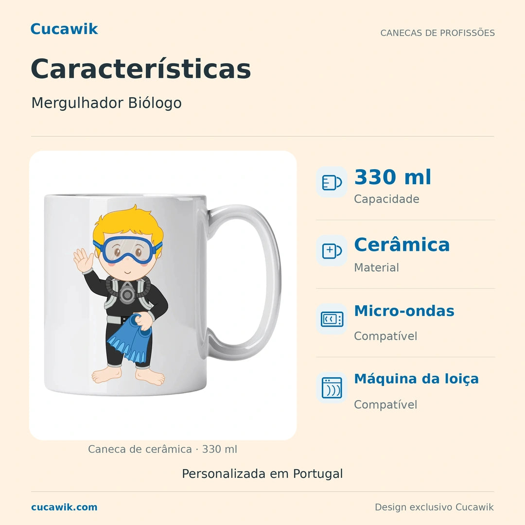 Caneca de Cerâmica Mergulhador Biólogo — Características | Cucawik