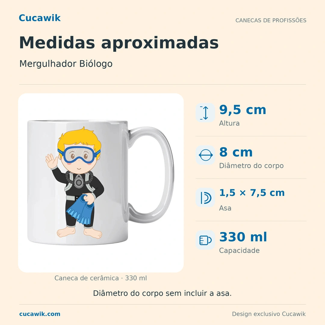 Caneca de Cerâmica Mergulhador Biólogo — Medidas aproximadas | Cucawik