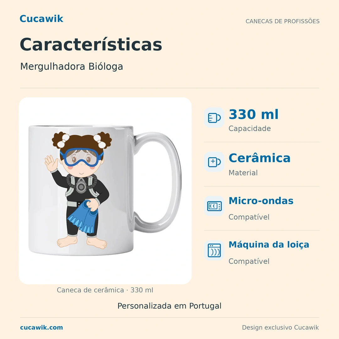 Caneca de Cerâmica Mergulhadora Bióloga — Características | Cucawik