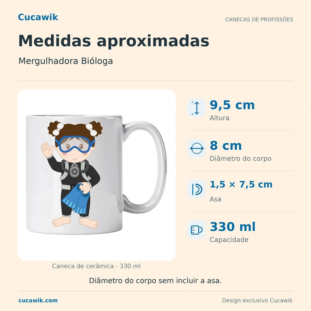 Caneca de Cerâmica Mergulhadora Bióloga — Medidas aproximadas | Cucawik