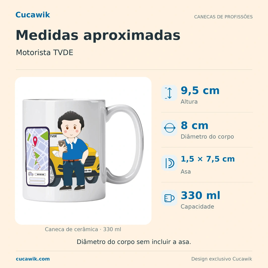 Caneca de Cerâmica Motorista TVDE — Medidas aproximadas | Cucawik