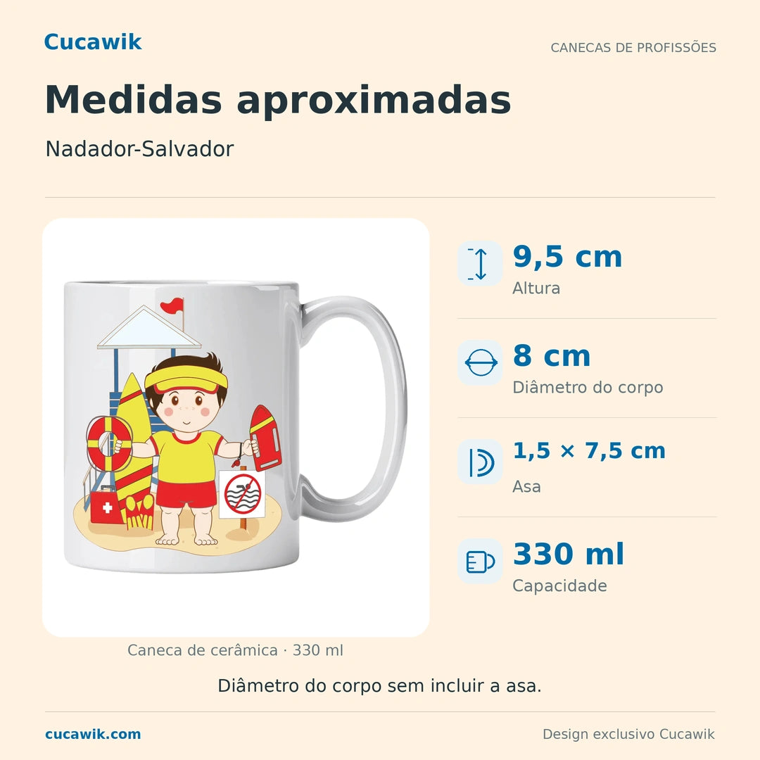 Caneca de Cerâmica Nadador-Salvador — Medidas aproximadas | Cucawik