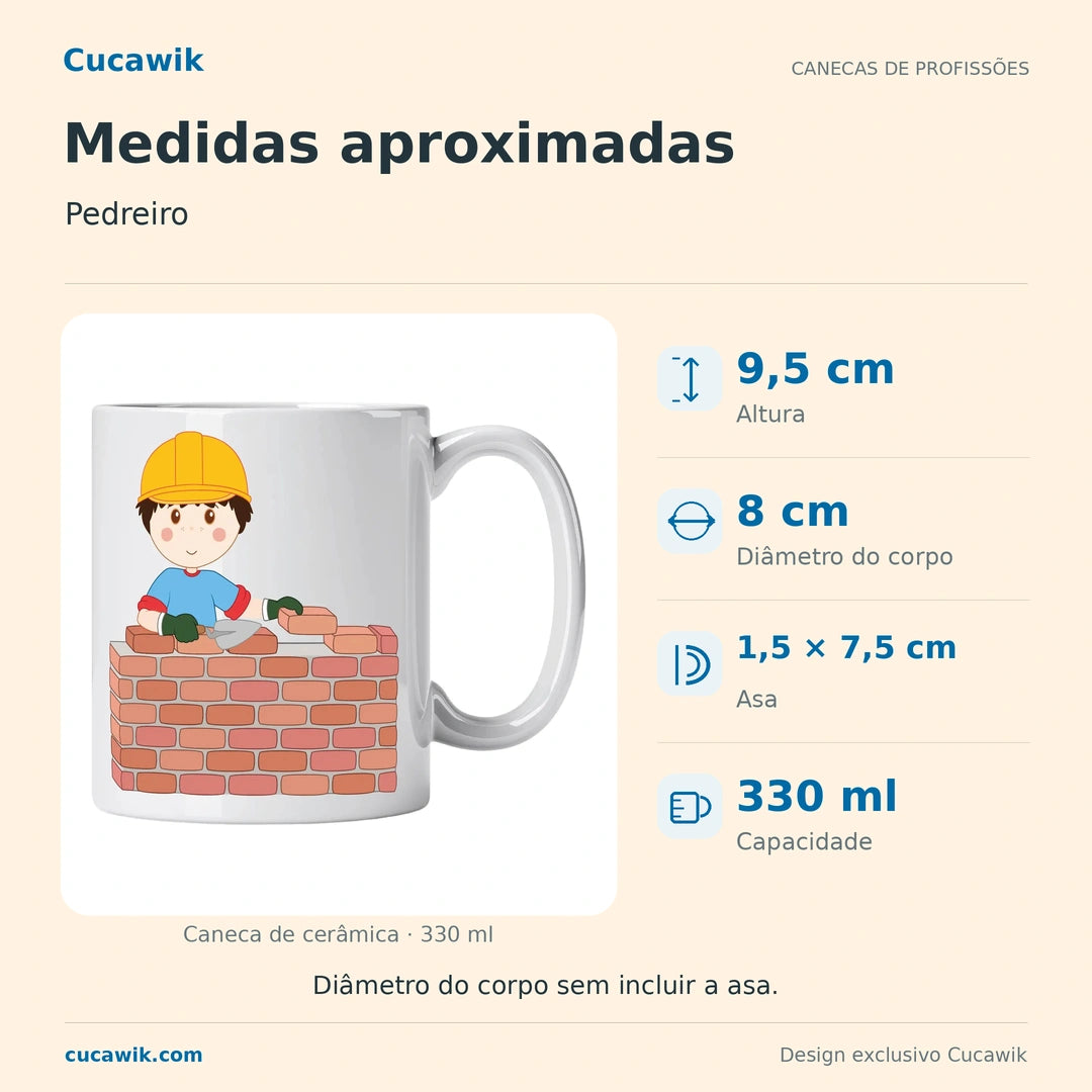 Caneca de Cerâmica Pedreiro — Medidas aproximadas | Cucawik