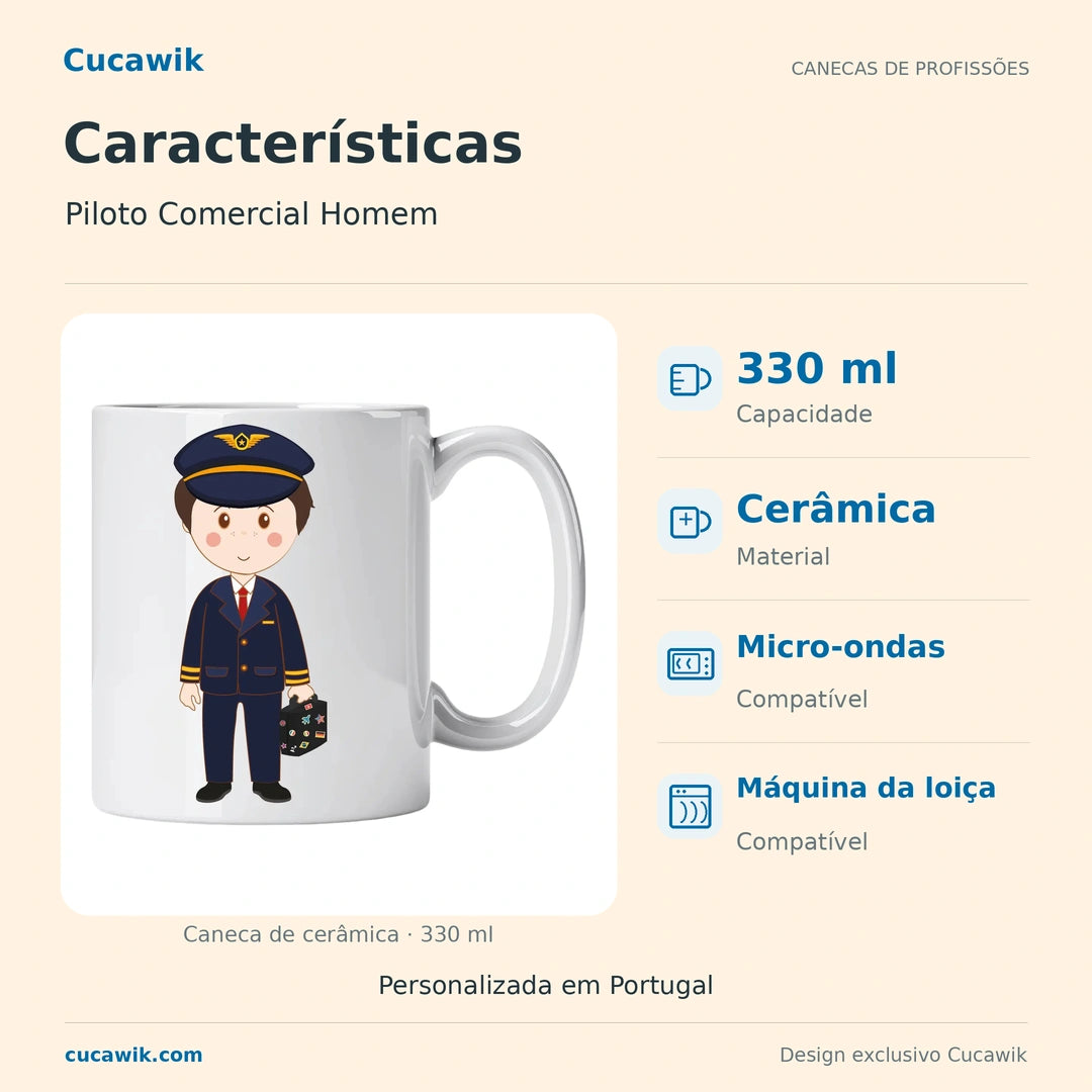 Caneca de Cerâmica Piloto Comercial Homem — Características | Cucawik