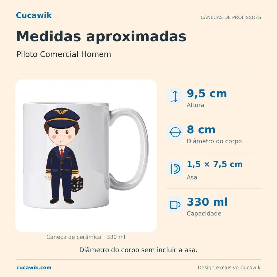 Caneca de Cerâmica Piloto Comercial Homem — Medidas aproximadas | Cucawik