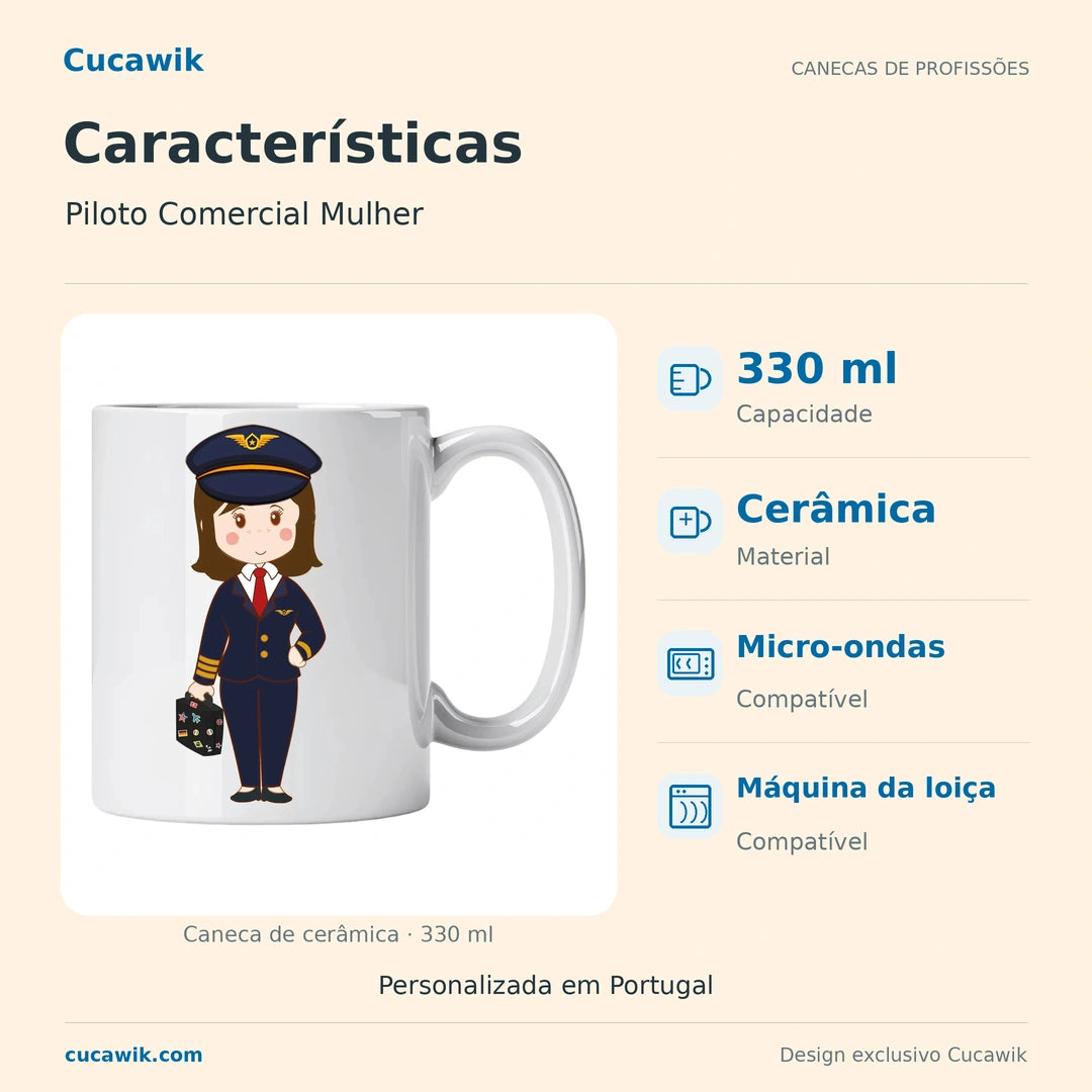 Caneca de Cerâmica Piloto Comercial Mulher — Características | Cucawik