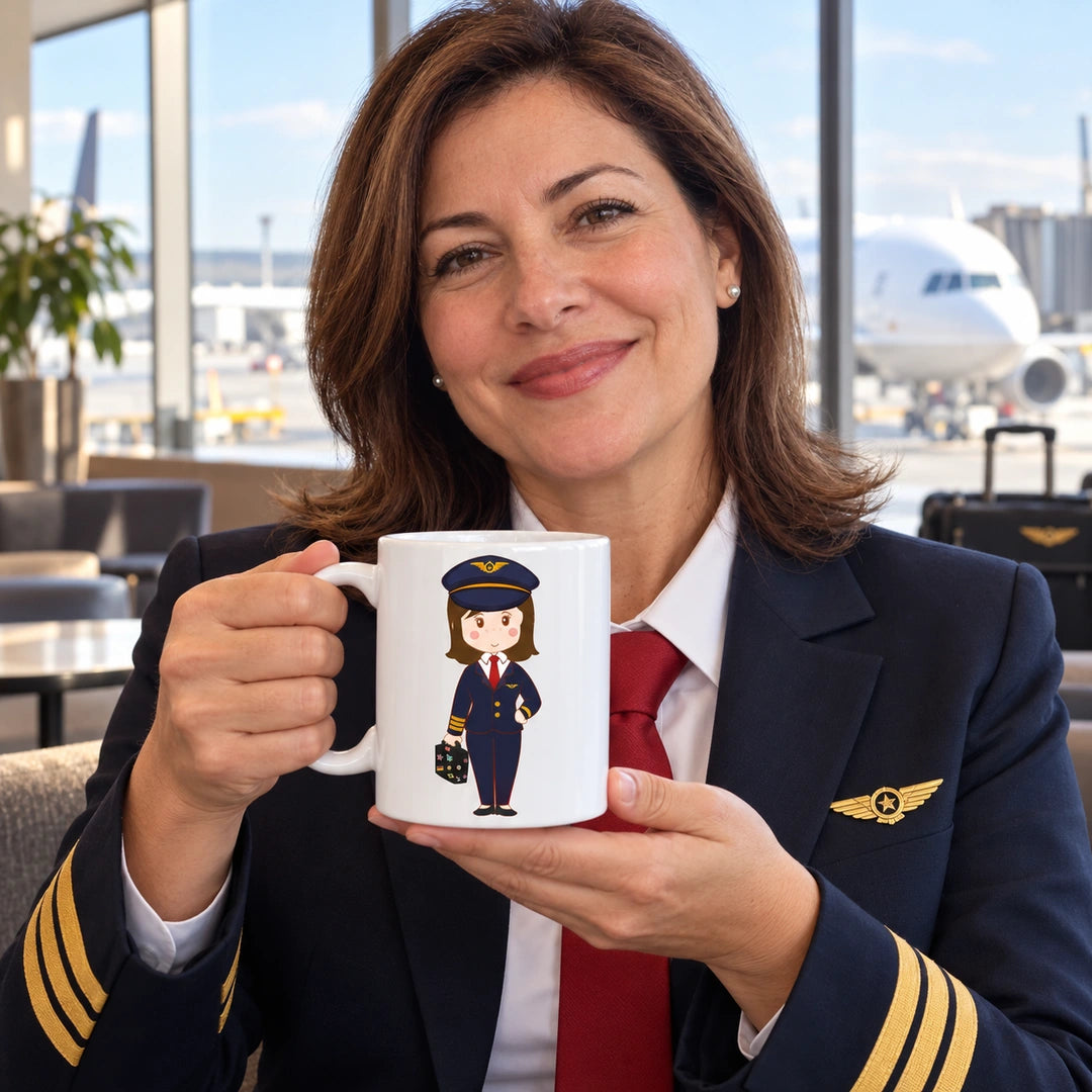 Caneca de Cerâmica Piloto Comercial Mulher em utilização | Cucawik