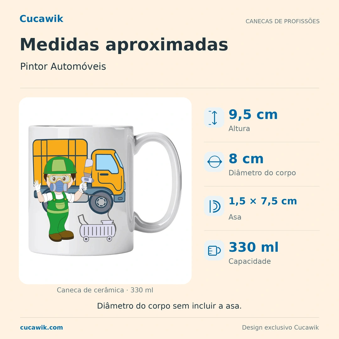 Caneca de Cerâmica Pintor Automóveis — Medidas aproximadas | Cucawik