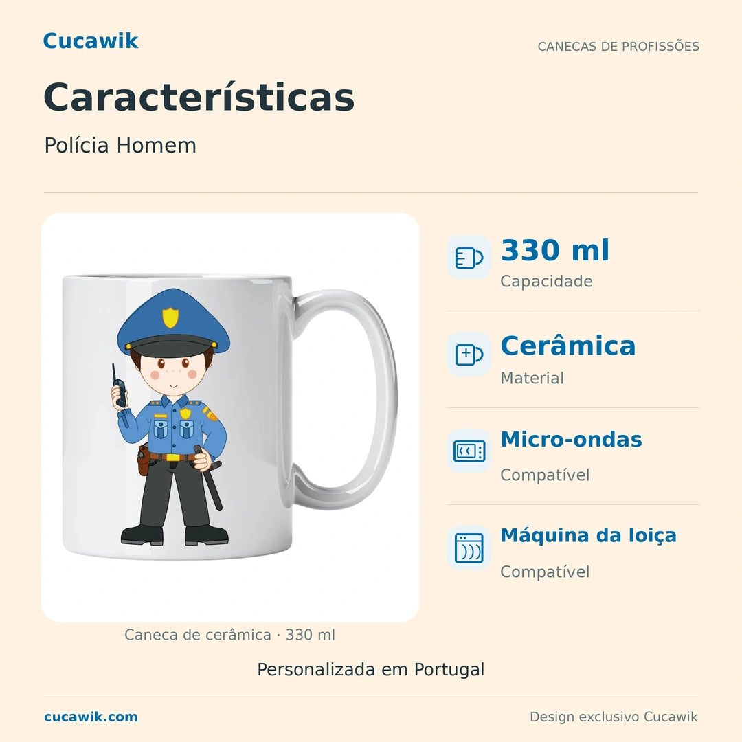 Caneca de Cerâmica Polícia Homem — Características | Cucawik