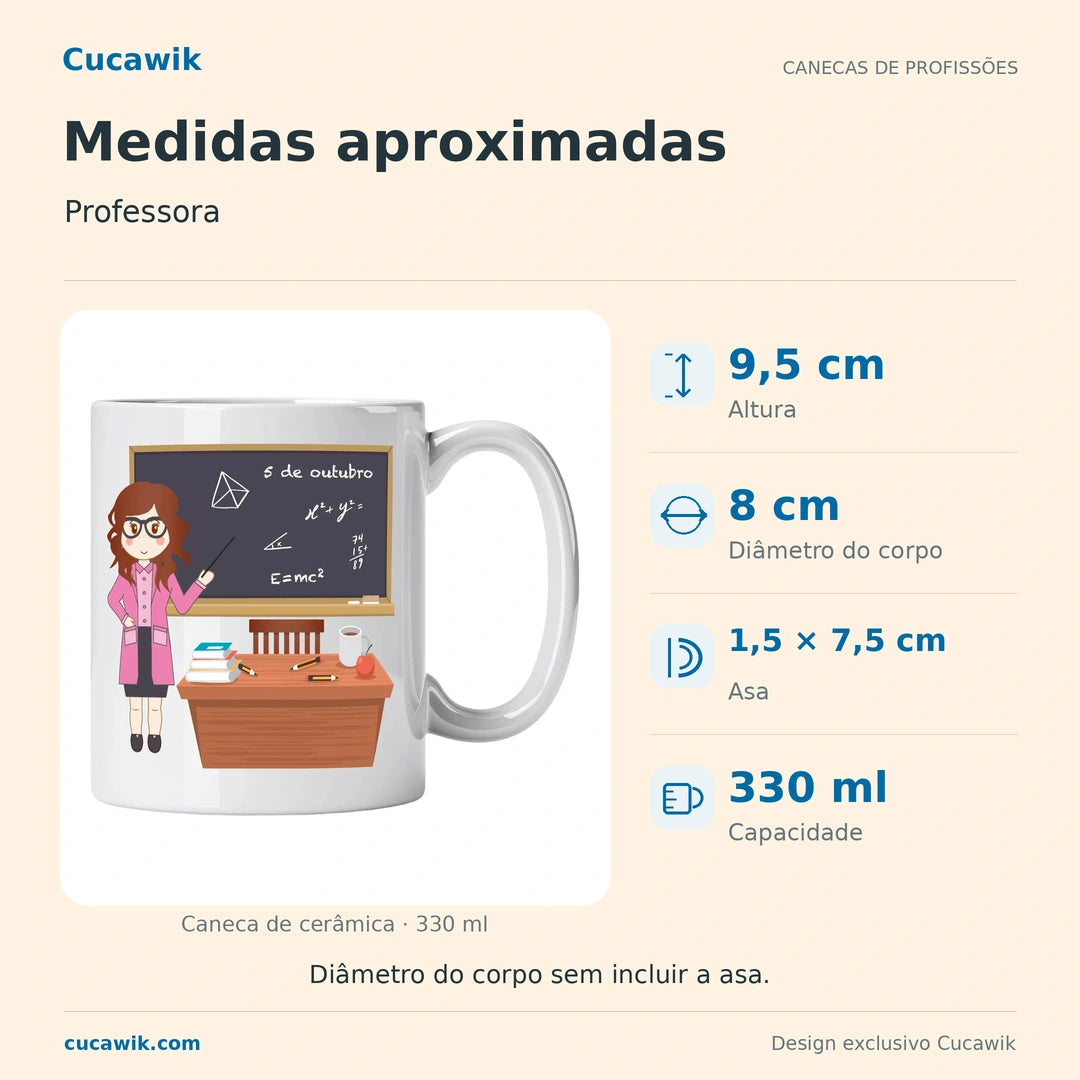 Caneca de Cerâmica Professora — Medidas aproximadas | Cucawik