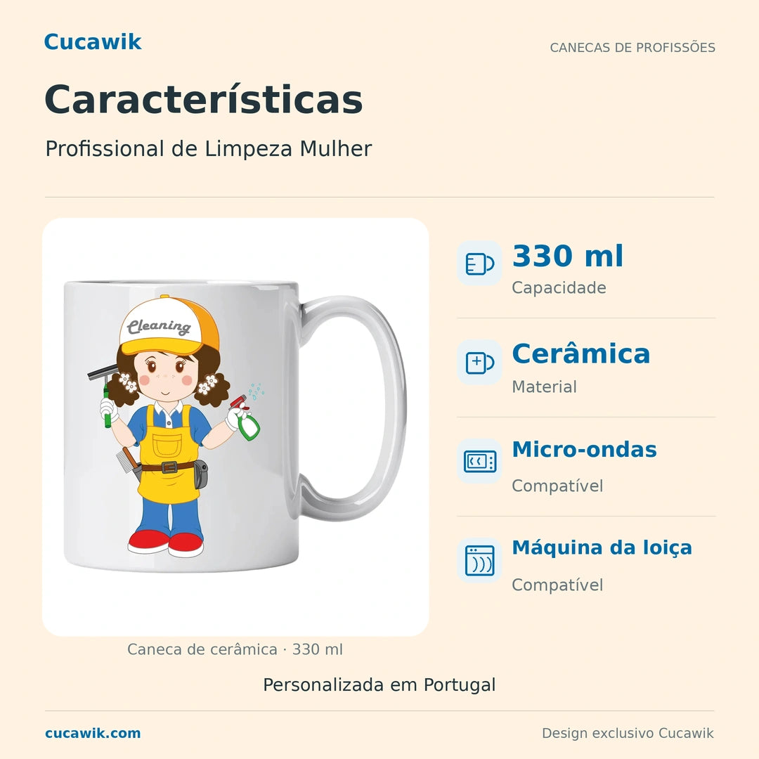 Caneca de Cerâmica Profissional de Limpeza Mulher — Características | Cucawik
