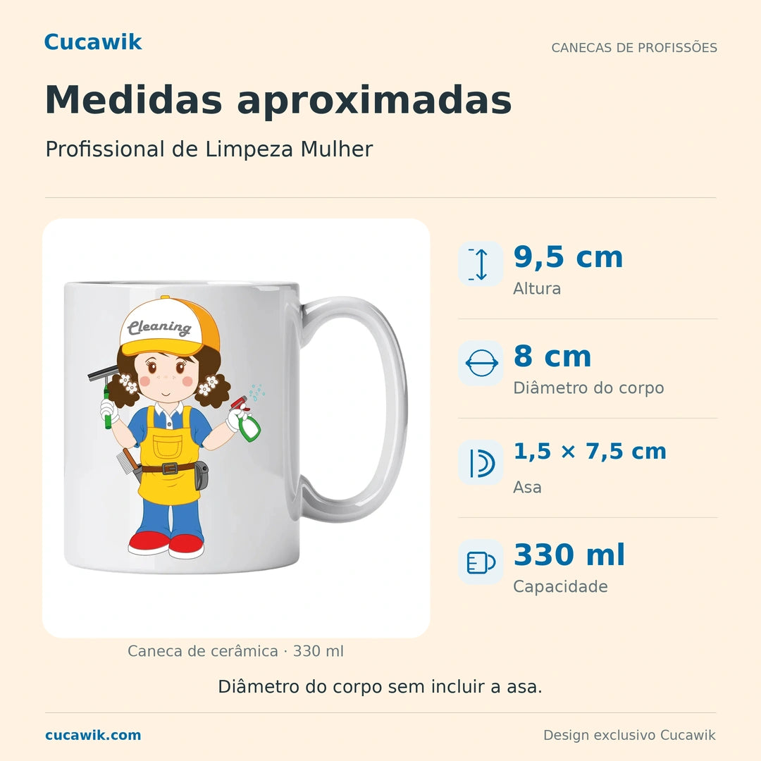 Caneca de Cerâmica Profissional de Limpeza Mulher — Medidas aproximadas | Cucawik