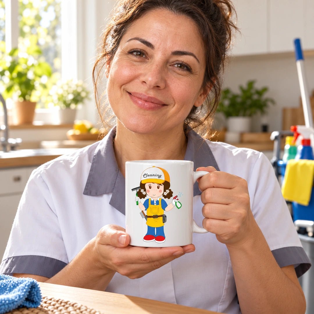 Caneca de Cerâmica Profissional de Limpeza Mulher em utilização | Cucawik