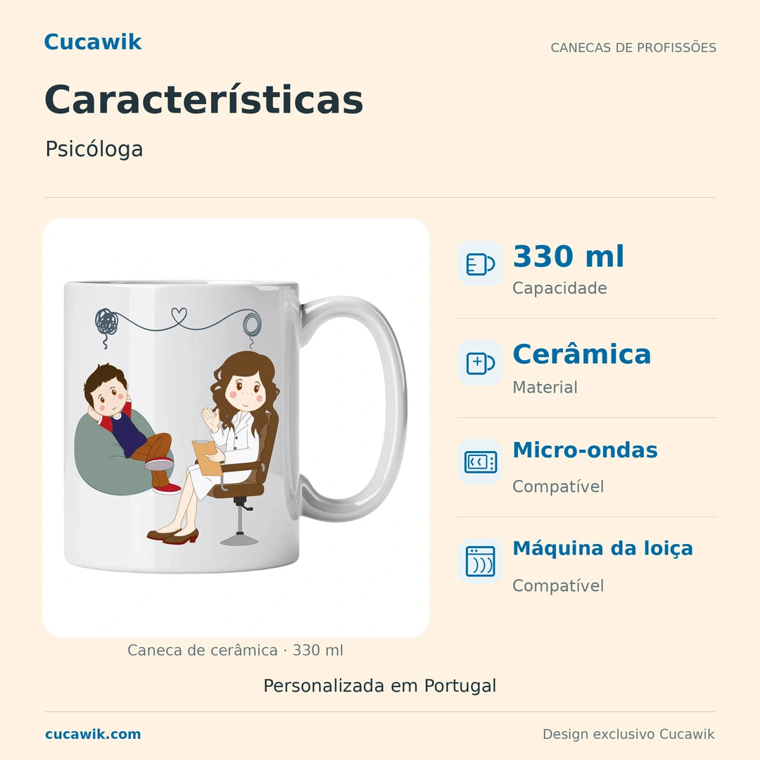 Caneca de Cerâmica Psicóloga — Características | Cucawik