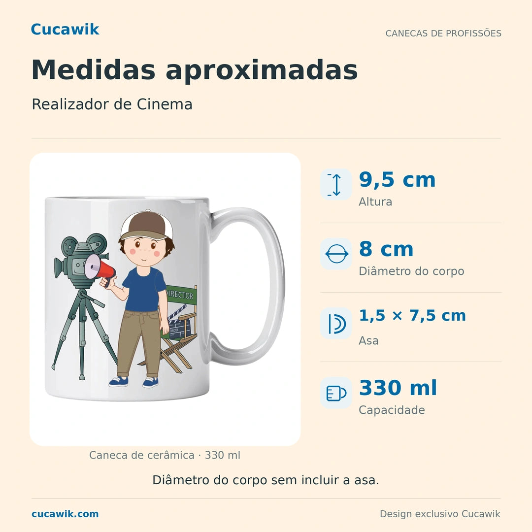 Caneca de Cerâmica Realizador de Cinema — Medidas aproximadas | Cucawik