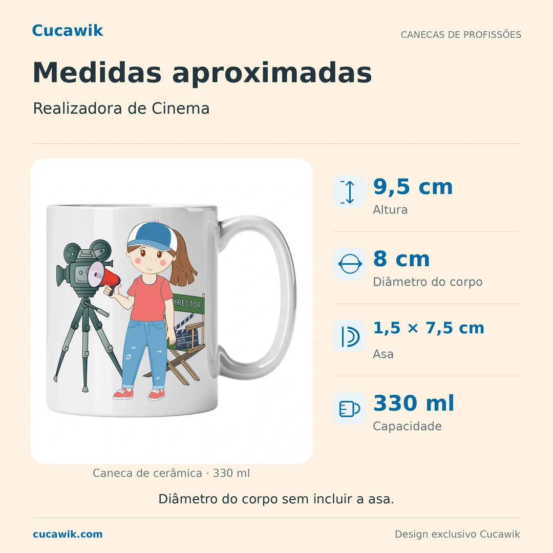 Caneca de Cerâmica Realizadora de Cinema — Medidas aproximadas | Cucawik