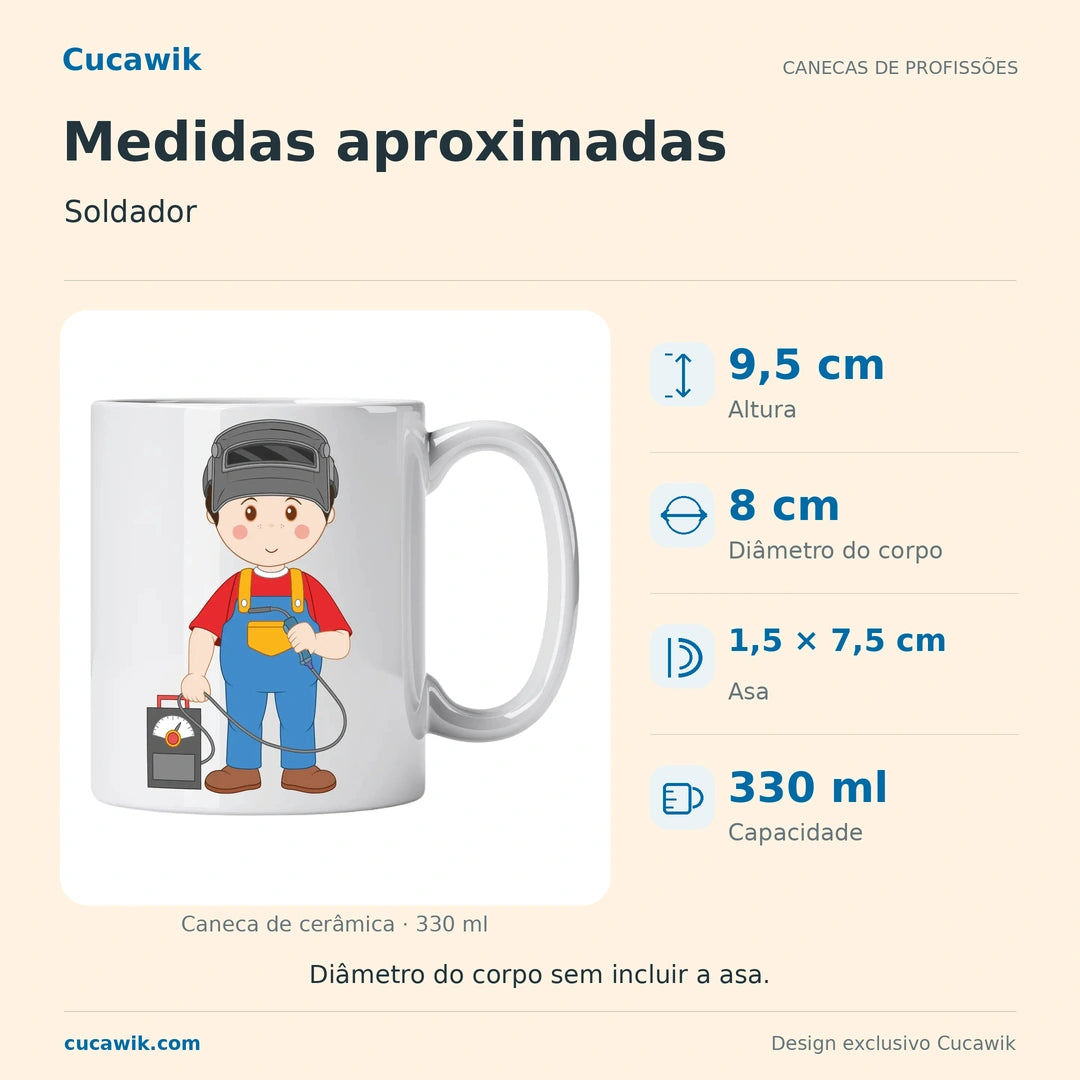 Caneca de Cerâmica Soldador — Medidas aproximadas | Cucawik