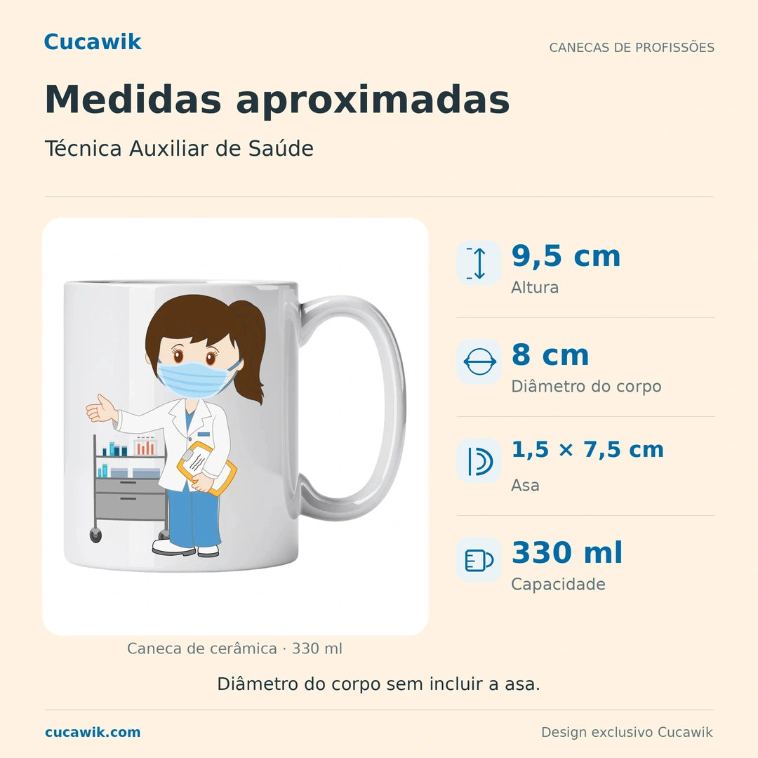 Caneca de Cerâmica Técnica Auxiliar de Saúde — Medidas aproximadas | Cucawik