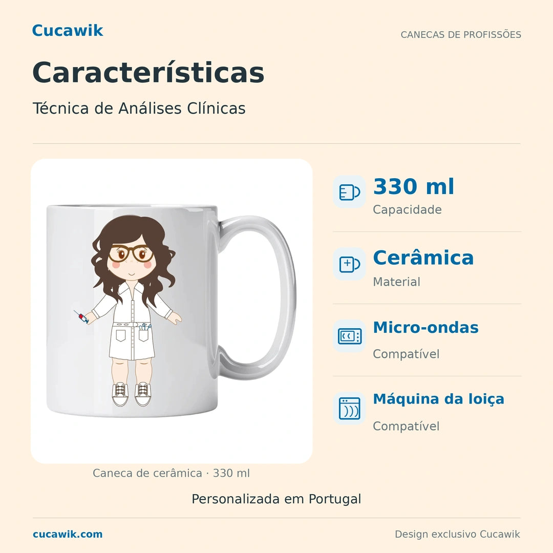 Caneca de Cerâmica Técnica de Análises Clínicas — Características | Cucawik