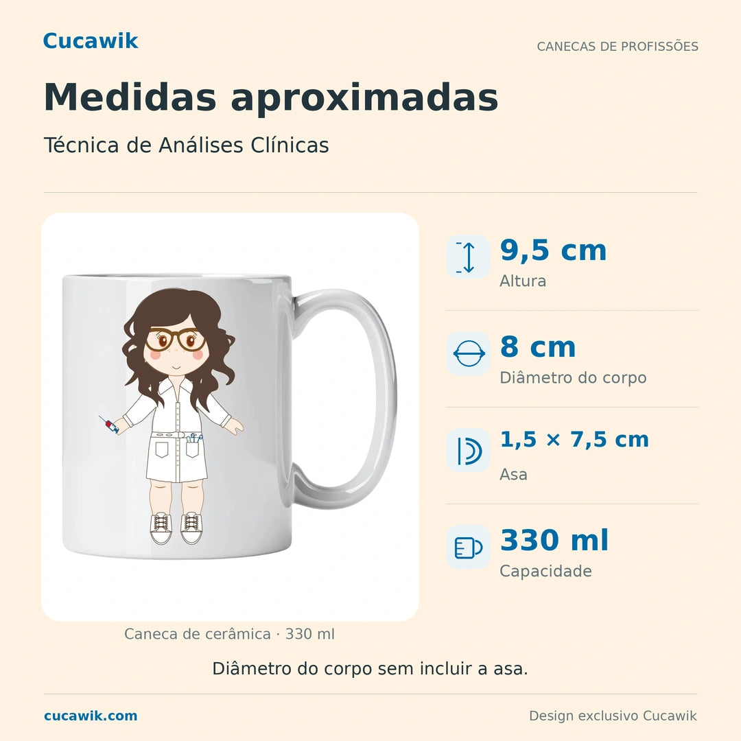 Caneca de Cerâmica Técnica de Análises Clínicas — Medidas aproximadas | Cucawik